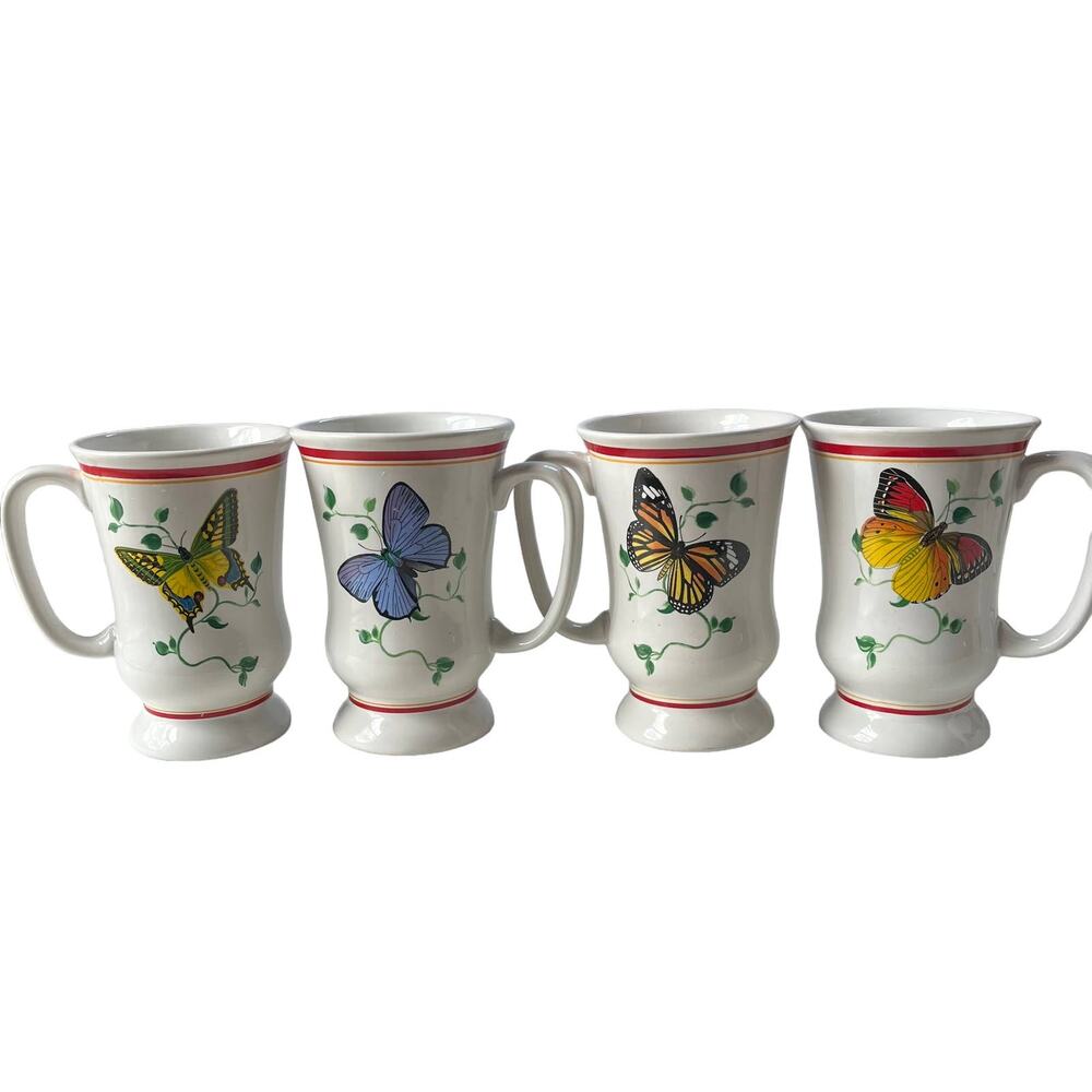 Butterfly & Ivy Pedestal Mug Set of 4 10oz Cottagecore Garden Porcelain Tea